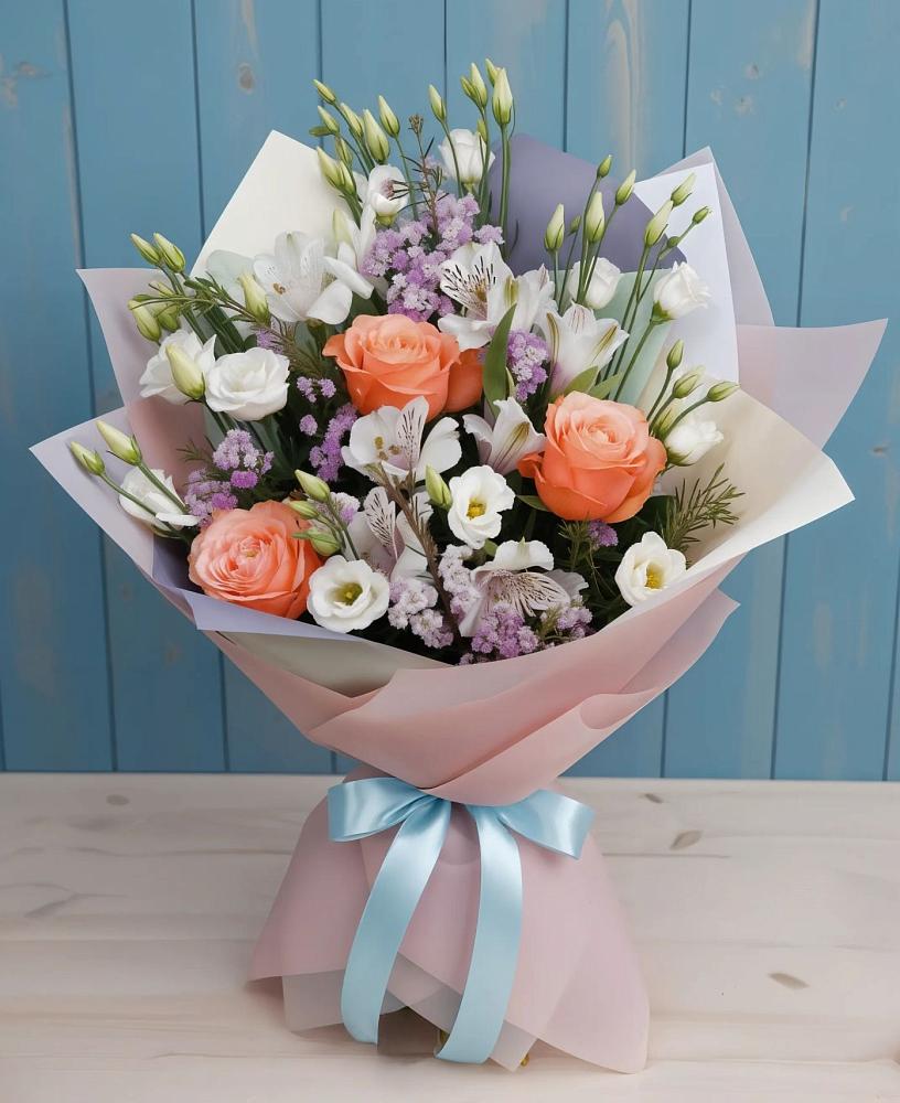 Букет цветов из: Лизиантусы, Розы, Альстромерии и Гипсофила в Синегорском