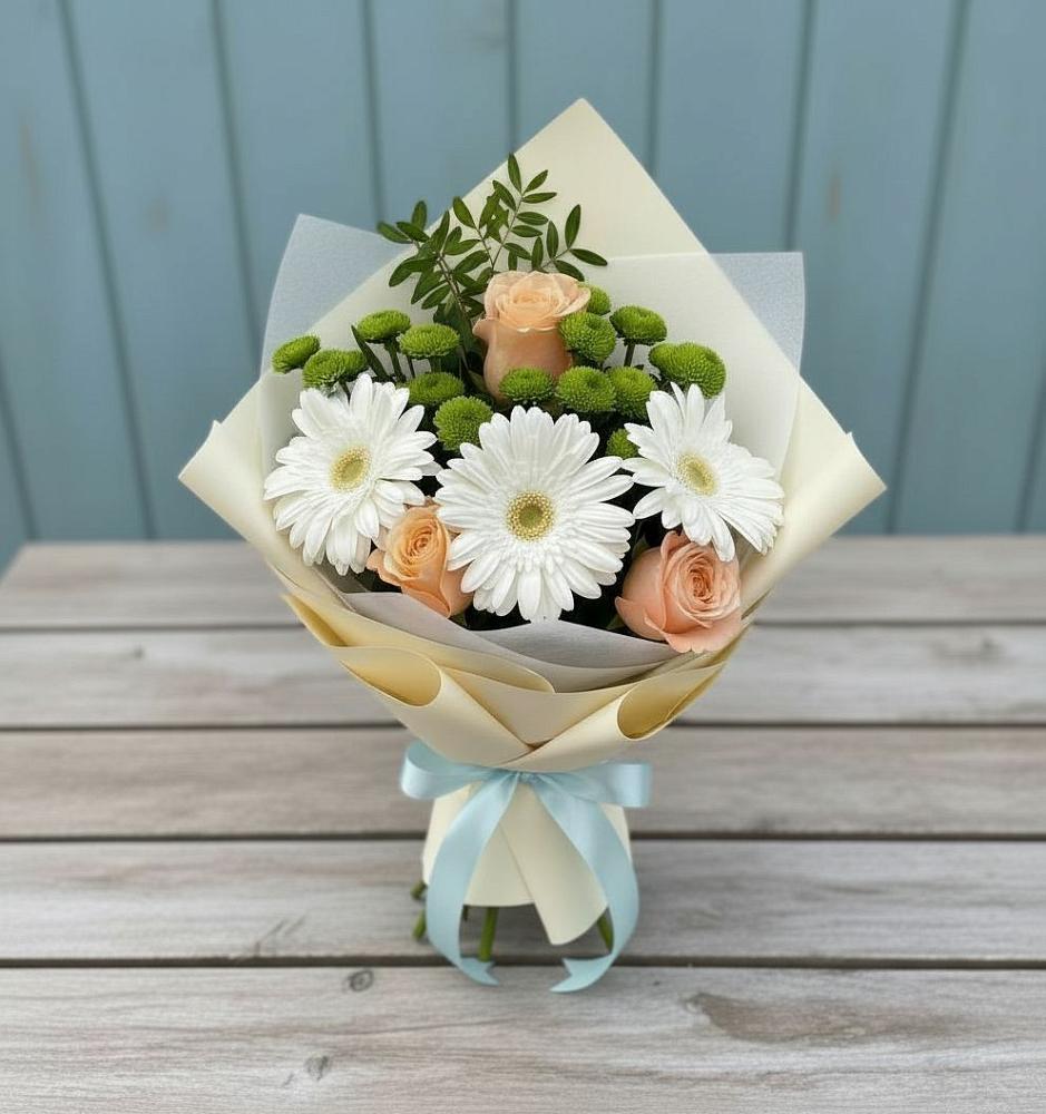 Букет цветов из: Герберы, Розы и Хризантемы в Синегорском