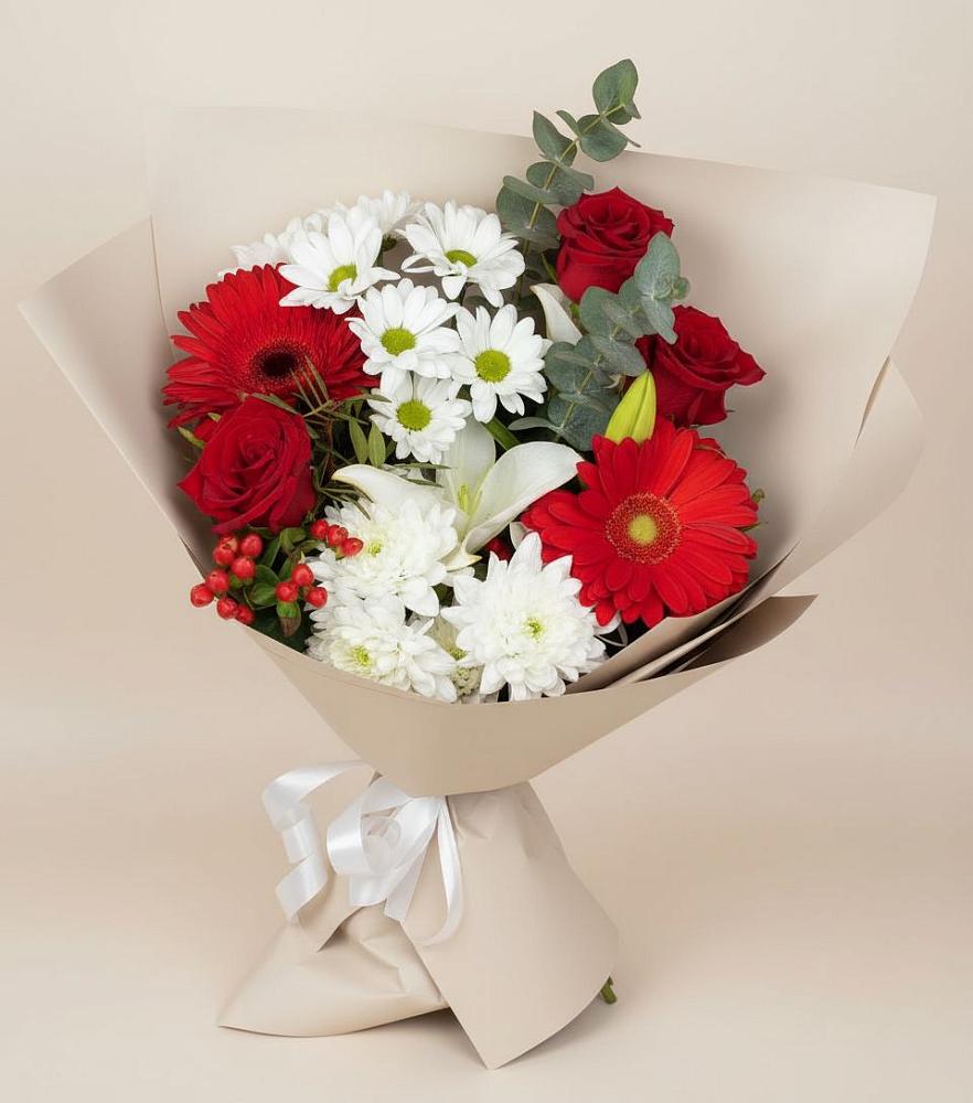 Букет цветов из: Розы, Хризантемы, Герберы и Лилии в Синегорском
