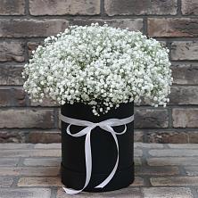 Цветочная композиция из Гипсофила в шляпной коробке в Синегорском