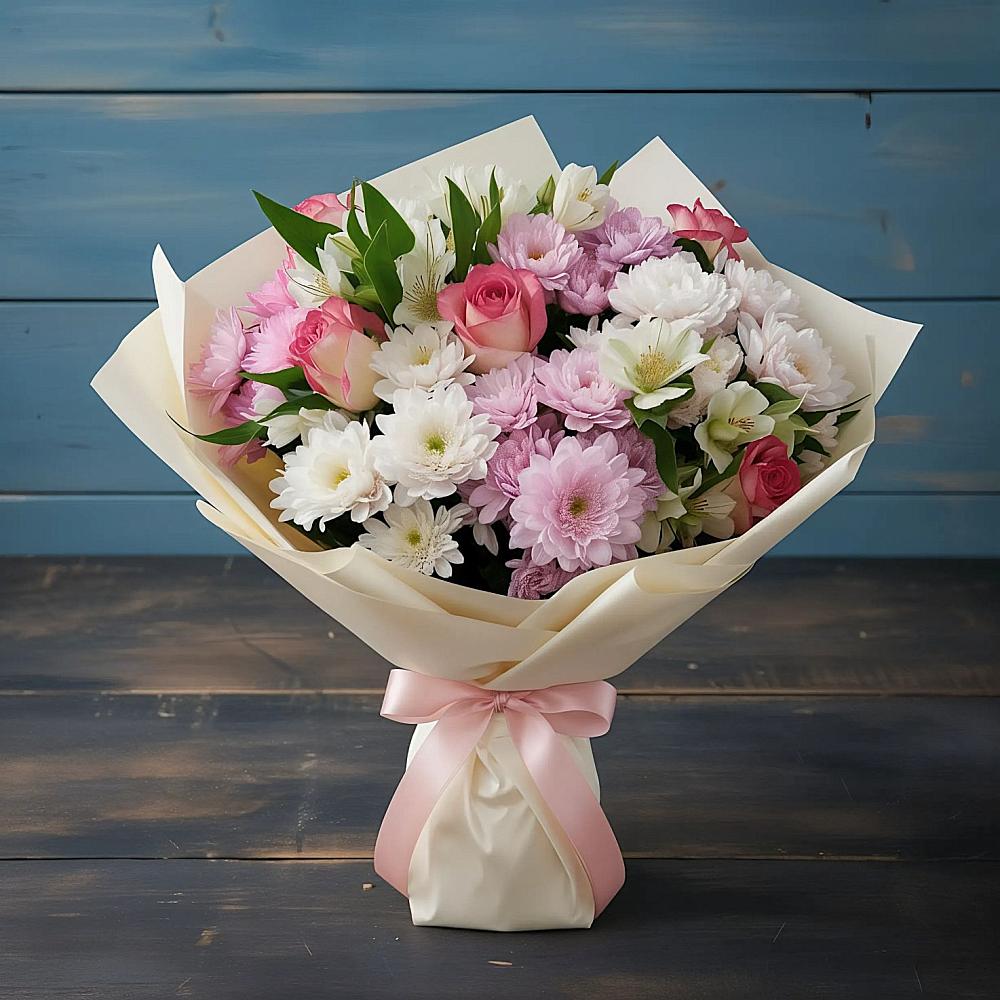 Букет цветов из: Хризантемы, Альстромерии и Розы в Синегорском